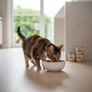 A beautiful, healthy adult tortoiseshell cat is enthusiastically eating from a chic, minimalist white ceramic bowl placed on a clean wooden floor