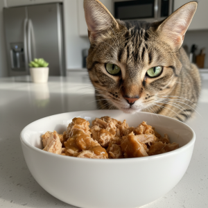 A photorealistic, close-up shot of a beautiful adult tabby cat with striking green eyes, happily eating from a clean, white ceramic bowl