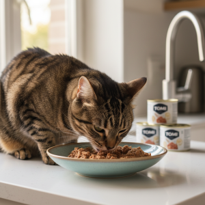 A photorealistic, high-resolution shot of a beautiful adult Domestic Shorthair cat with striking tabby markings, eagerly eating from a stylish, shallow ceramic bowl