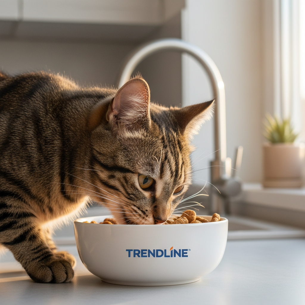 A photorealistic close-up shot of a beautiful domestic shorthair cat with tabby markings, eagerly eating from a clean, white ceramic bowl filled with Trendline dry kibble