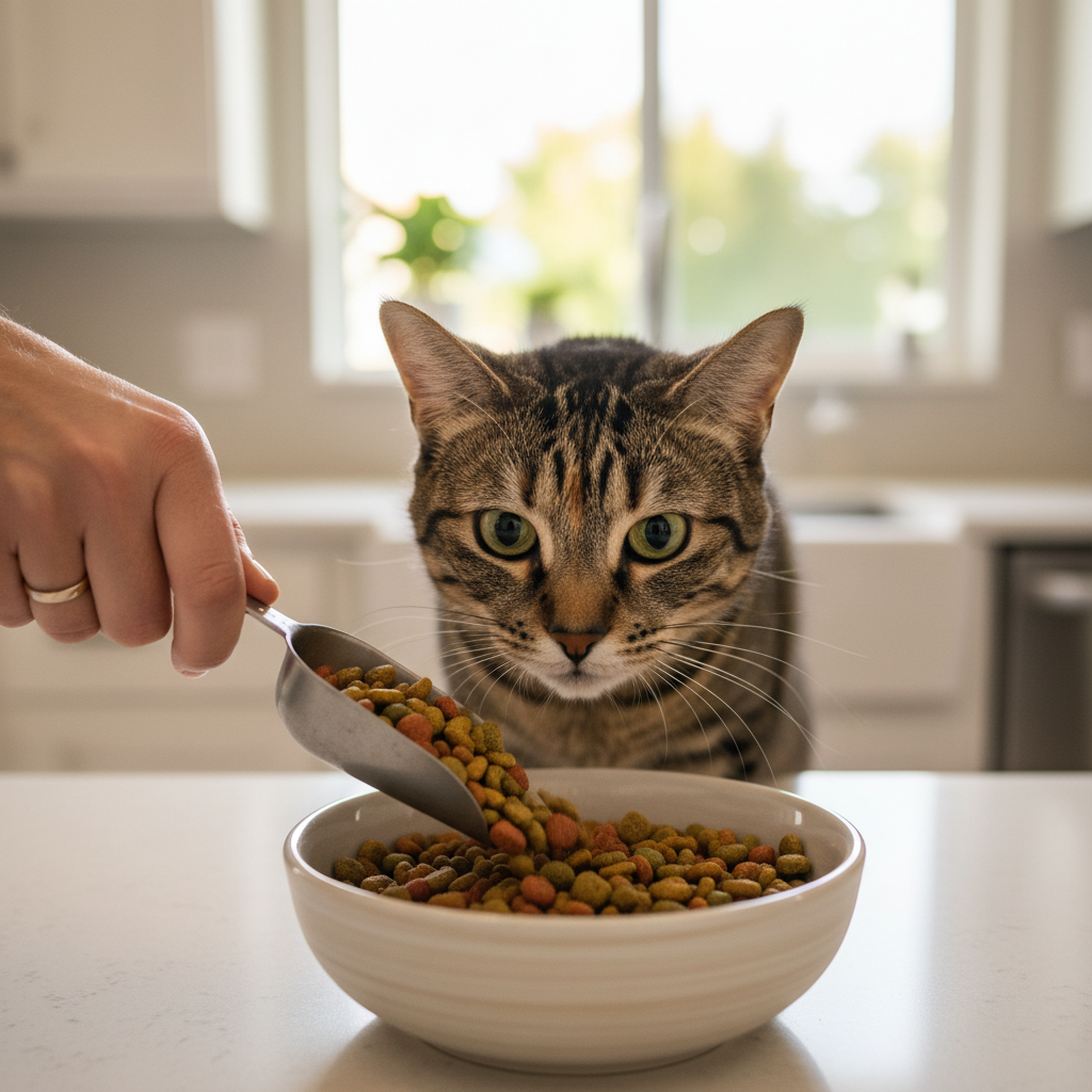 A photorealistic, heartwarming shot of a healthy adult domestic shorthair cat with beautiful tabby markings, curiously peering into its food bowl