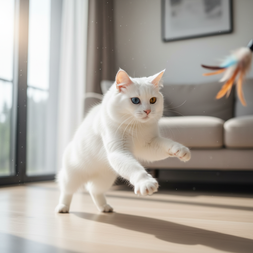A beautiful, fluffy all-white Van cat with one striking blue eye and one warm amber eye is captured mid-pounce in a brightly lit, modern living room