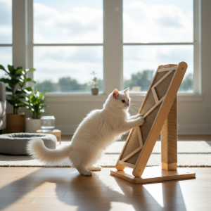 A stunningly beautiful, photorealistic Van cat with its characteristic fluffy white fur, one sparkling blue eye, and one warm amber eye, is the center of attention