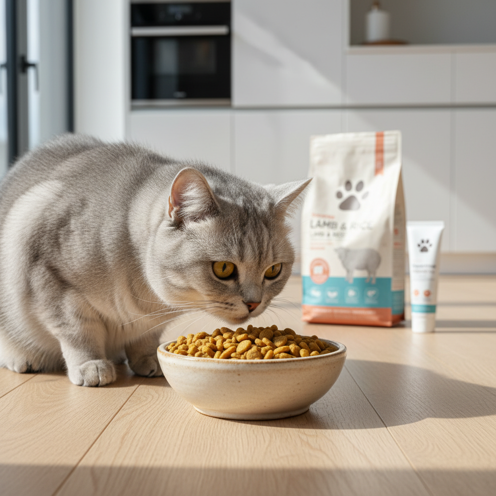 A photorealistic image of a healthy, beautiful British Shorthair cat curiously sniffing a ceramic bowl of dry cat food on a clean, light wood floor
