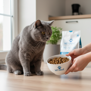 A photorealistic, heartwarming shot of a healthy British Shorthair cat in a bright, modern kitchen