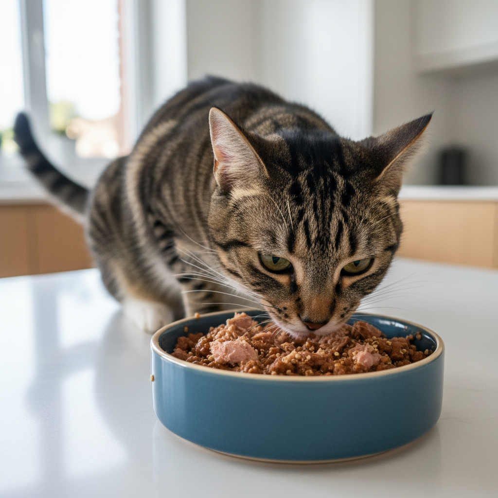 A photorealistic, close-up shot of a healthy, beautiful domestic shorthair cat with tabby markings, eagerly eating from a ceramic bowl