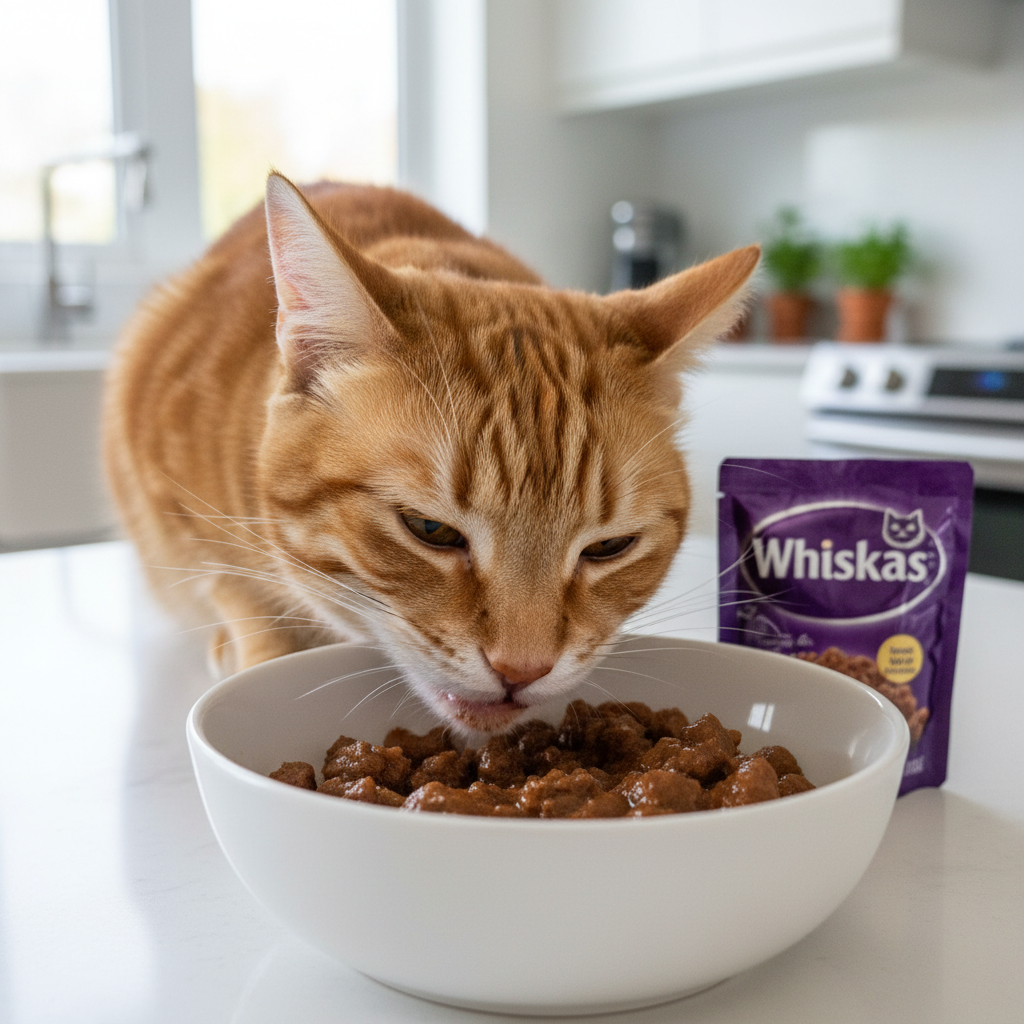 A photorealistic, heartwarming close-up shot of a healthy, beautiful domestic shorthair cat (tabby or ginger) eagerly eating Whiskas wet food from a clean, white ceramic bowl