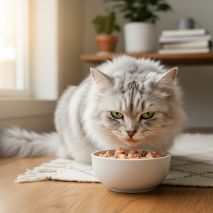 A photorealistic, heartwarming close-up shot of a beautiful senior cat, perhaps a silver tabby or a fluffy Persian, with wise, gentle green eyes