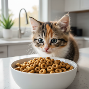 A photorealistic, heartwarming close-up shot of a fluffy, adorable calico kitten with bright, curious blue eyes
