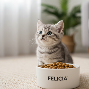 A photorealistic, heartwarming close-up shot of a small, fluffy silver tabby kitten, about 10 weeks old, looking up with curious, bright blue eyes