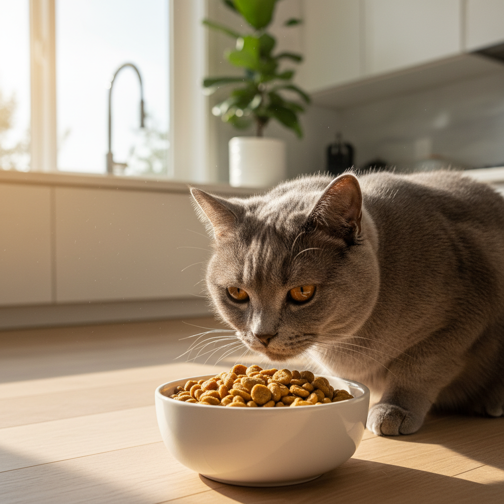 A photorealistic, warm-toned medium shot of a sleek adult cat, possibly a British Shorthair, curiously sniffing a bowl of high-quality dry kibble