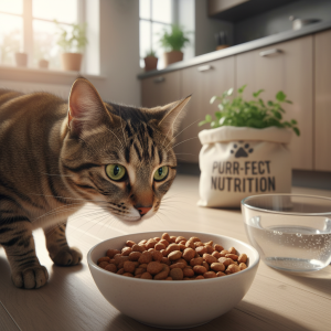 A photorealistic, warm, and inviting shot of a healthy adult cat, perhaps a domestic shorthair with a glossy tabby coat, curiously sniffing a bowl of high-quality dry cat food
