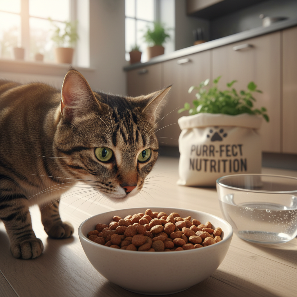 A photorealistic, warm, and inviting shot of a healthy adult cat, perhaps a domestic shorthair with a glossy tabby coat, curiously sniffing a bowl of high-quality dry cat food