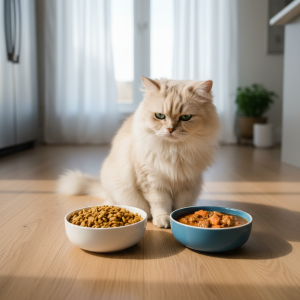A photorealistic shot of a beautiful, healthy adult cat, possibly a fluffy Persian, sitting on a clean, light-colored wooden floor in a modern kitchen
